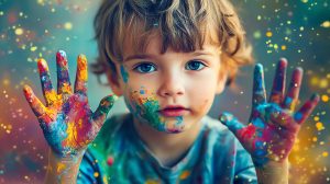 A young child with paint on their hands and face, looking directly at the camera. The child is surrounded by a colorful background of bokeh lights.